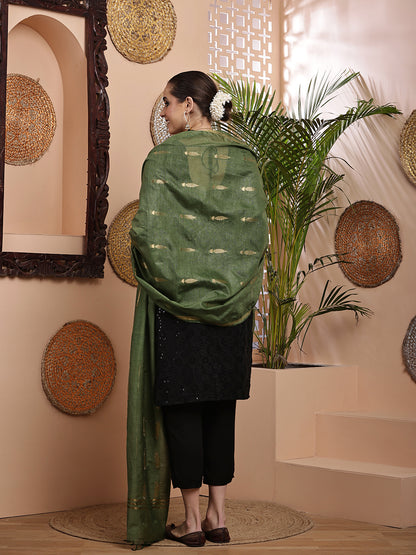 Dupatta- Cotton Viscose -Green Gold Zari-Tree