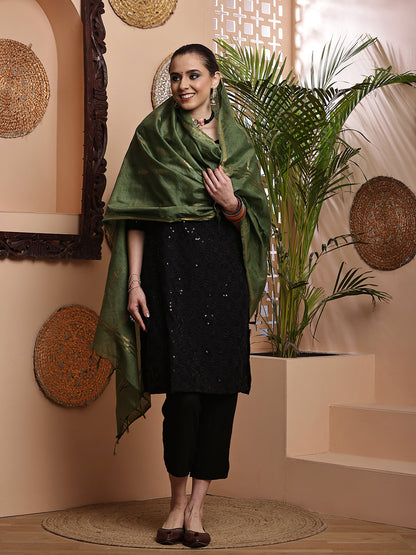 Dupatta- Cotton Viscose -Green Gold Zari-Tree