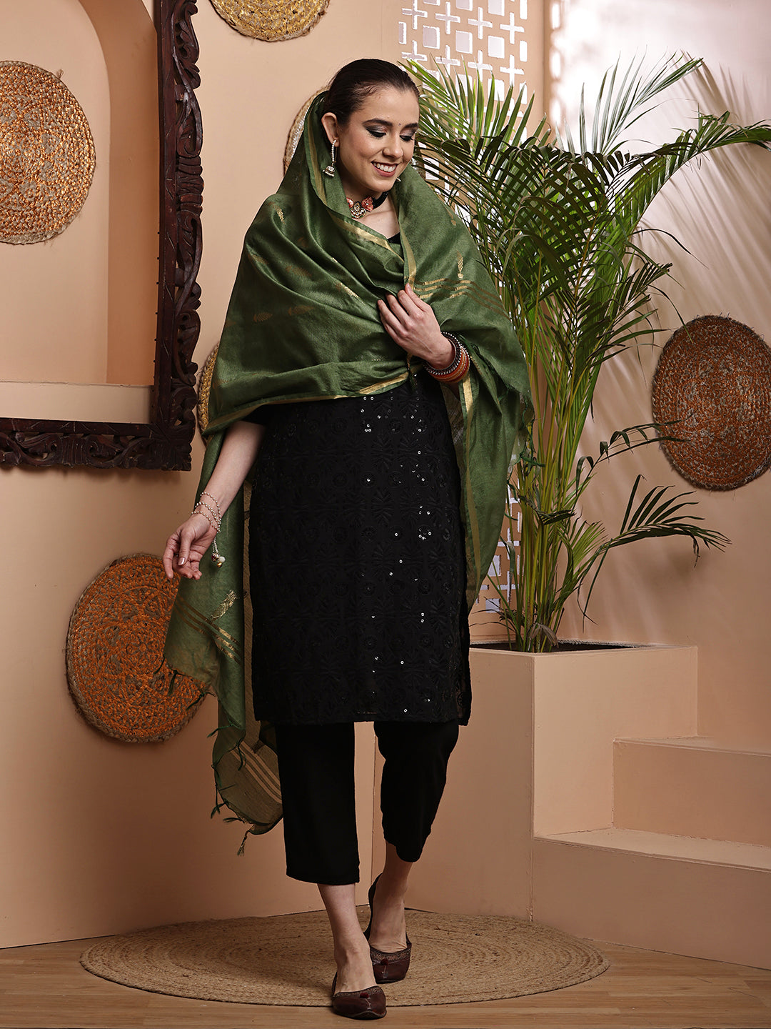 Dupatta- Cotton Viscose -Green Gold Zari-Tree