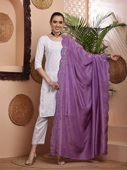 Purple Sequins Embroidered Bordered Dupatta