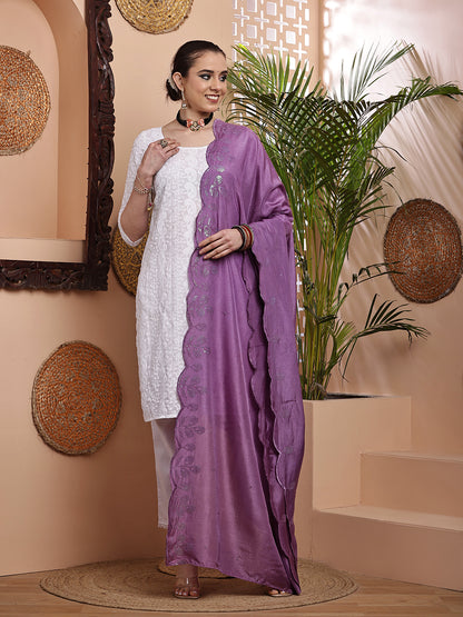 Purple Sequins Embroidered Bordered Dupatta