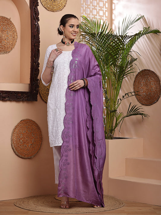 Purple Sequins Embroidered Bordered Dupatta