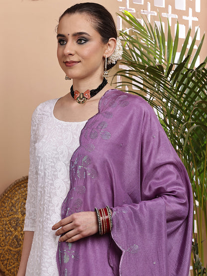 Purple Sequins Embroidered Bordered Dupatta