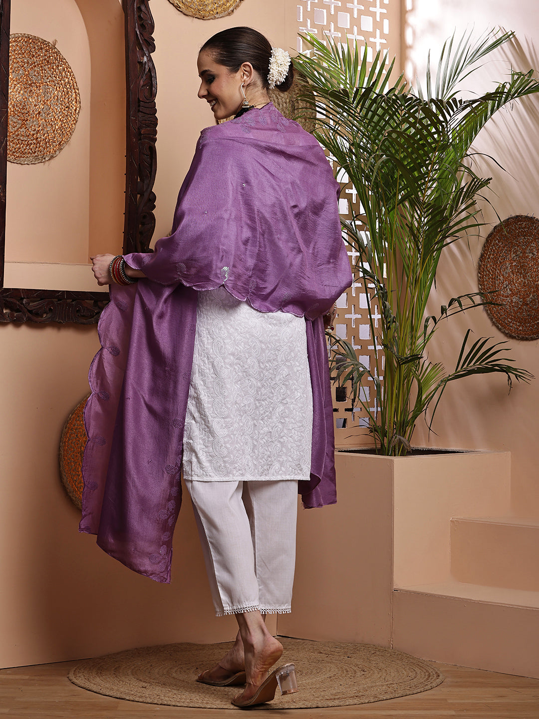 Purple Sequins Embroidered Bordered Dupatta