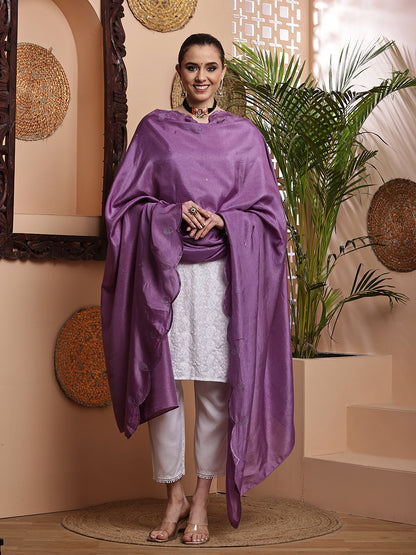 Purple Sequins Embroidered Bordered Dupatta