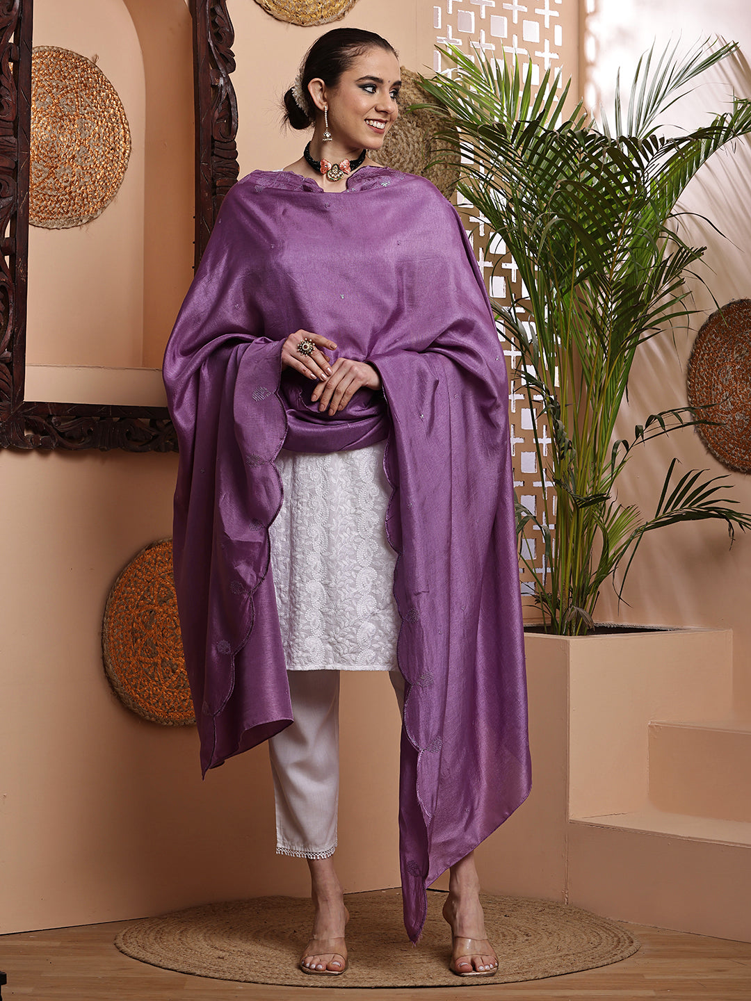 Purple Sequins Embroidered Bordered Dupatta
