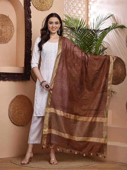 Dupatta-Cotton Silk - Jaal Copper Brown Pallu