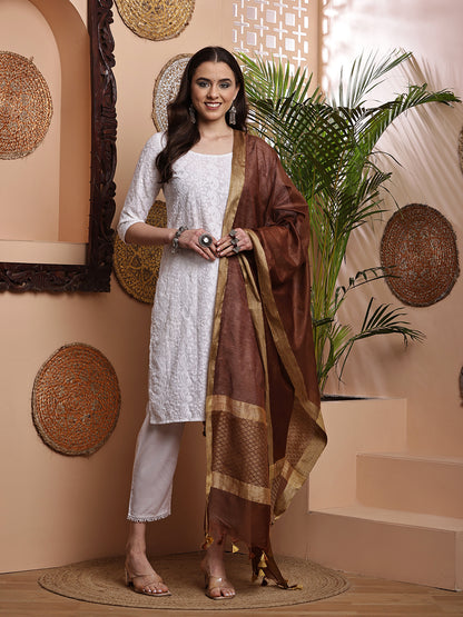 Dupatta-Cotton Silk - Jaal Copper Brown Pallu