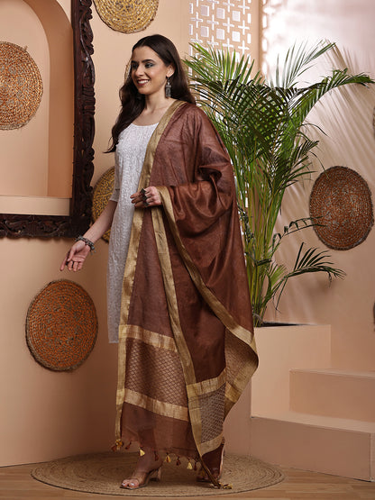 Dupatta-Cotton Silk - Jaal Copper Brown Pallu