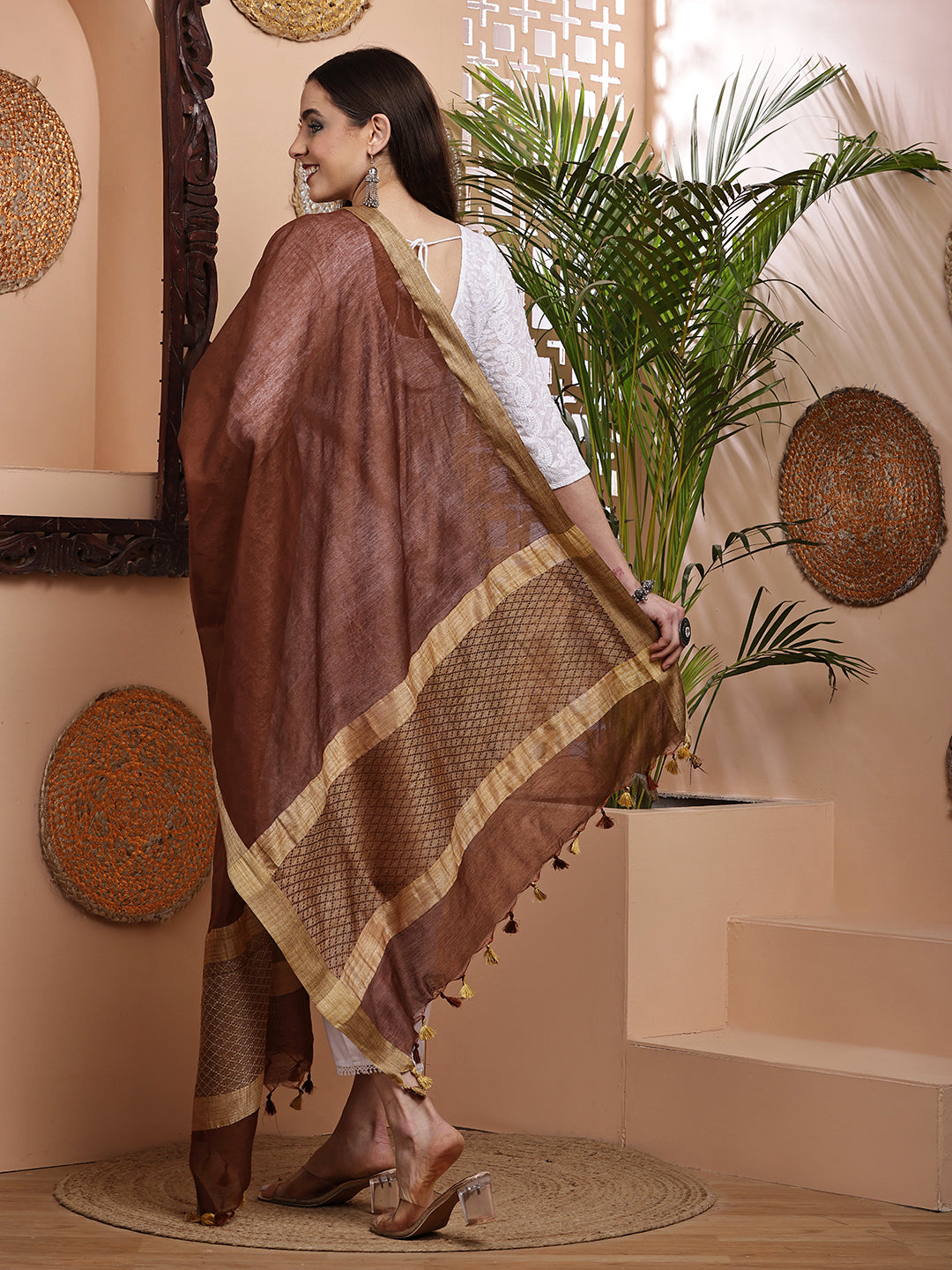 Dupatta-Cotton Silk - Jaal Copper Brown Pallu