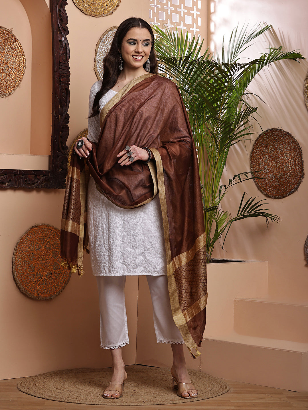 Dupatta-Cotton Silk - Jaal Copper Brown Pallu