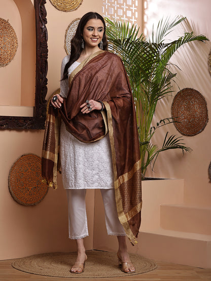 Dupatta-Cotton Silk - Jaal Copper Brown Pallu