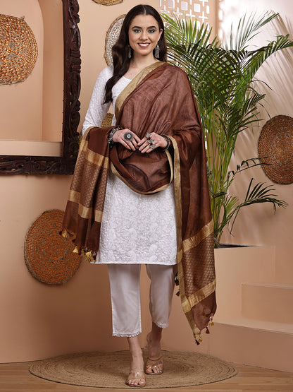 Dupatta-Cotton Silk - Jaal Copper Brown Pallu