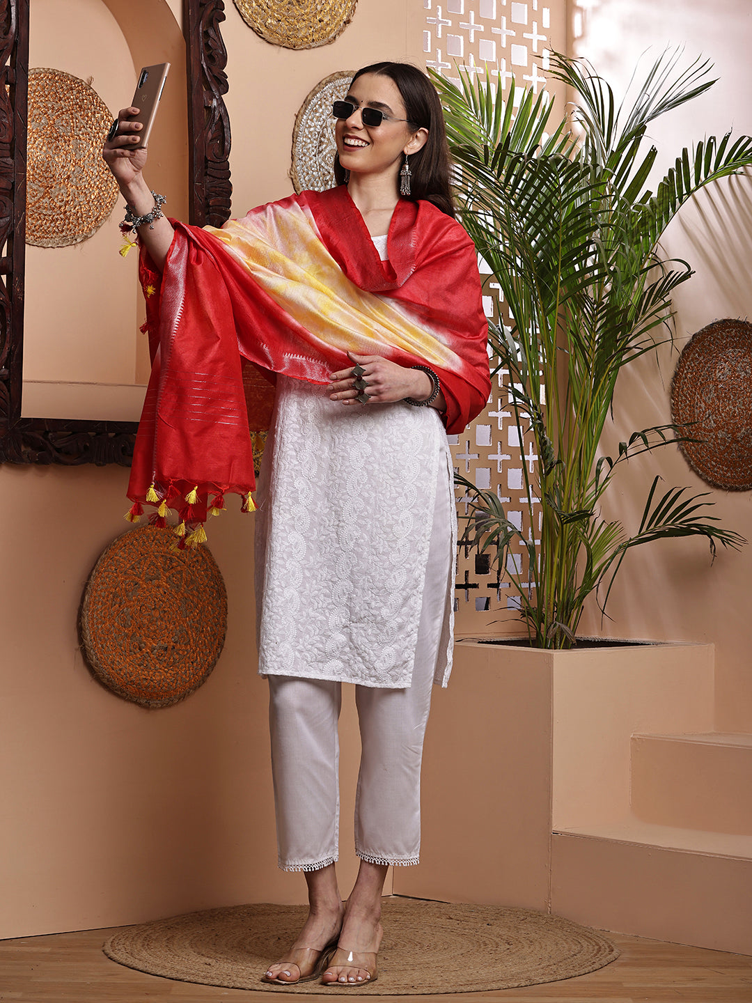 Dupatta- Shibori - Red n Yellow
