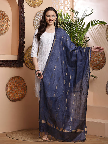 Dupatta- Cotton Viscose -Blue Gold Zari-Tree