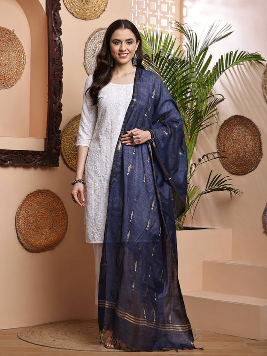 Dupatta- Cotton Viscose -Blue Gold Zari-Tree