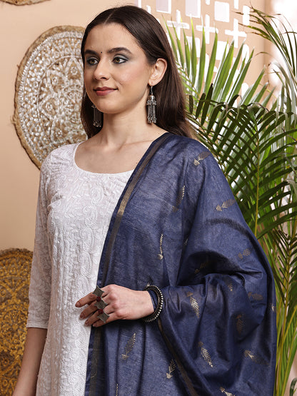 Dupatta- Cotton Viscose -Blue Gold Zari-Tree