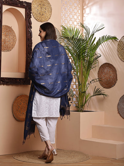 Dupatta- Cotton Viscose -Blue Gold Zari-Tree