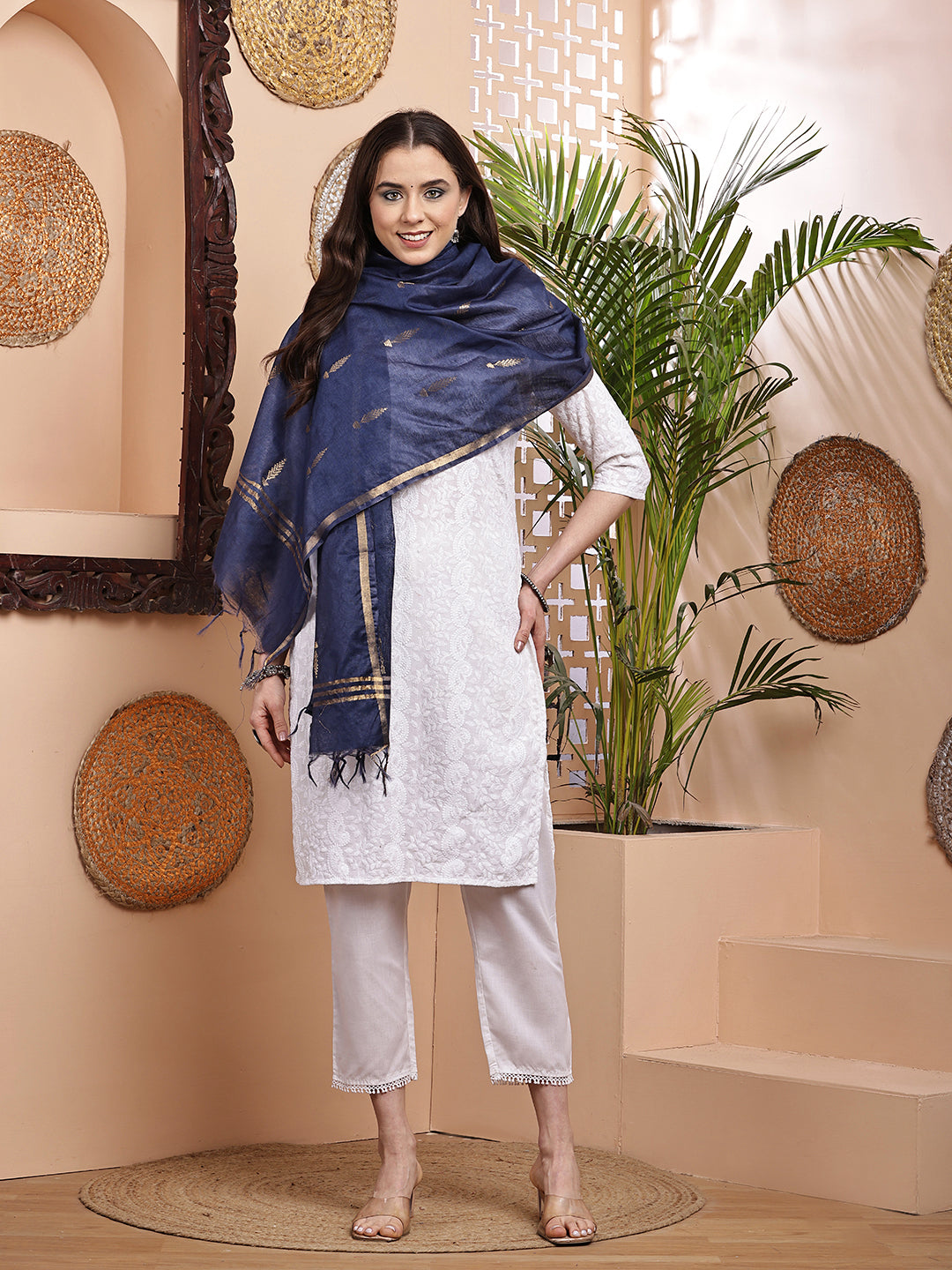 Dupatta- Cotton Viscose -Blue Gold Zari-Tree