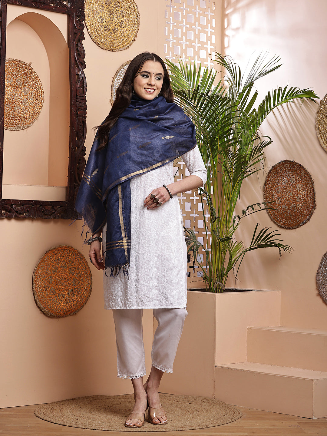 Dupatta- Cotton Viscose -Blue Gold Zari-Tree