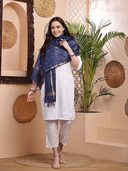Dupatta- Cotton Viscose -Blue Gold Zari-Tree