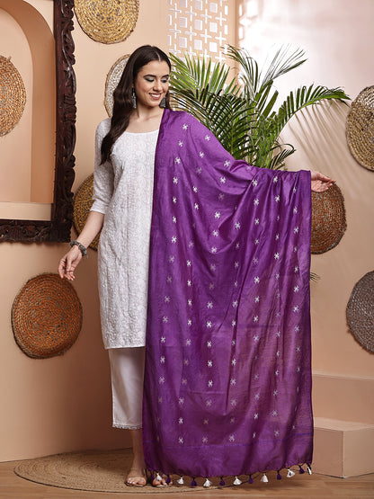 Dupatta-Cotton Silk - Purple Floral Buti