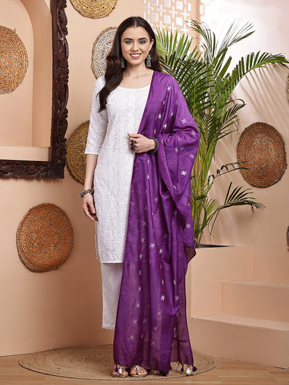 Dupatta-Cotton Silk - Purple Floral Buti