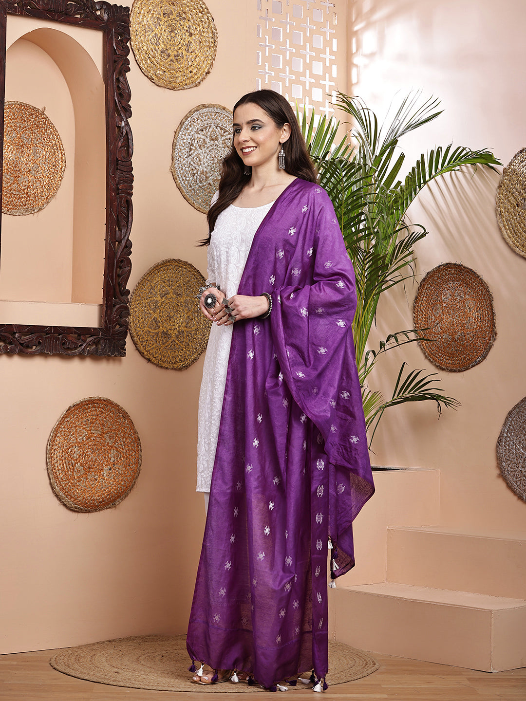 Dupatta-Cotton Silk - Purple Floral Buti