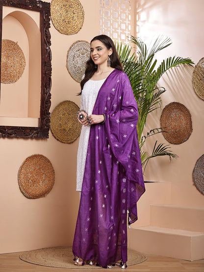 Dupatta-Cotton Silk - Purple Floral Buti