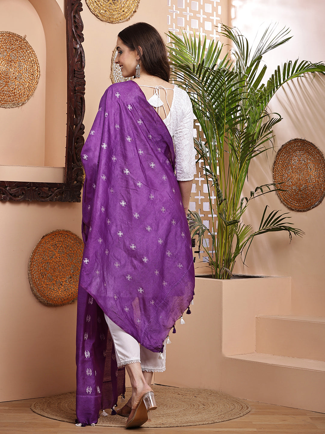 Dupatta-Cotton Silk - Purple Floral Buti