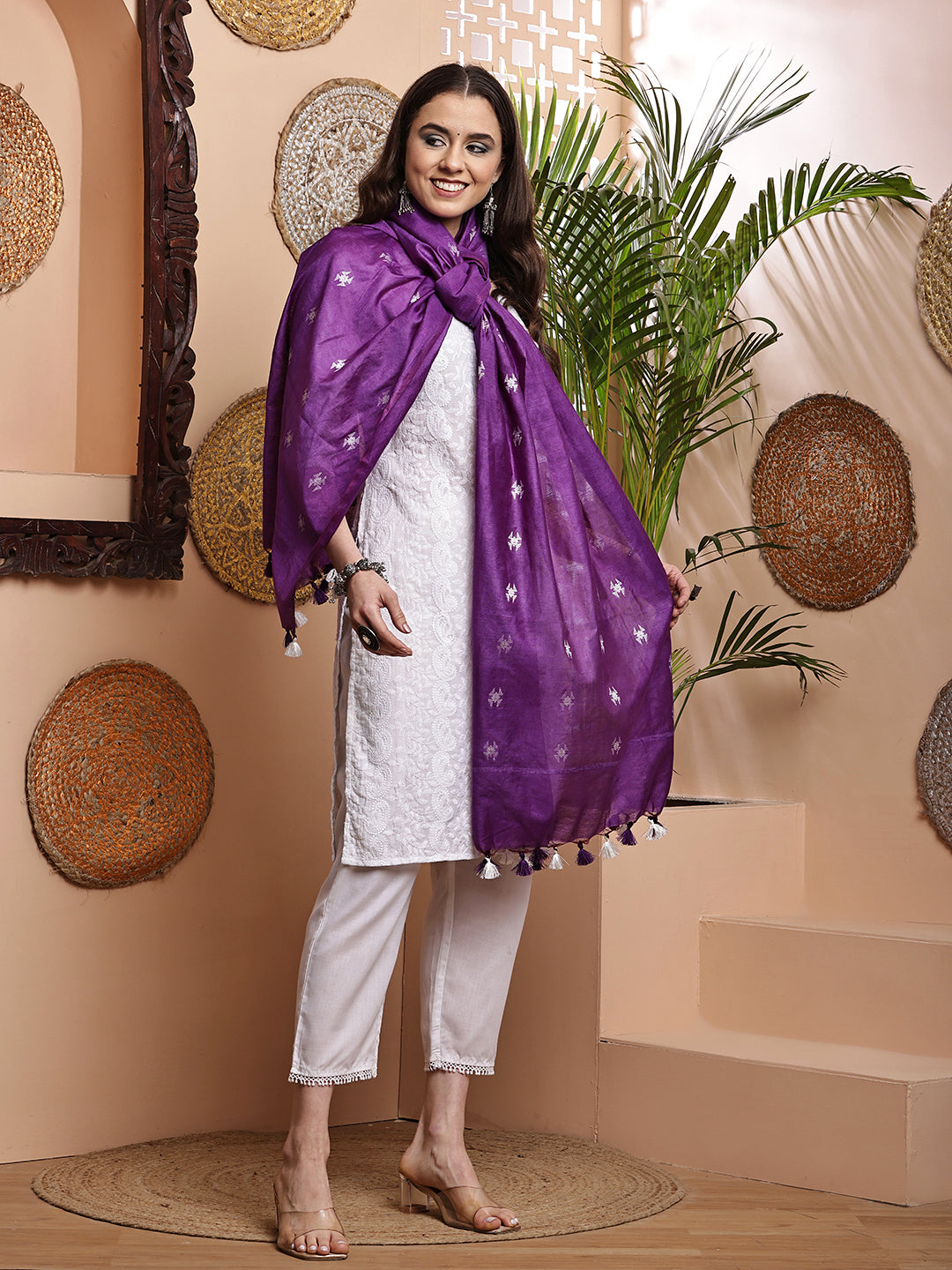 Dupatta-Cotton Silk - Purple Floral Buti