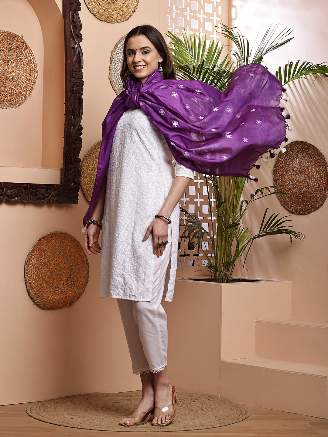 Dupatta-Cotton Silk - Purple Floral Buti