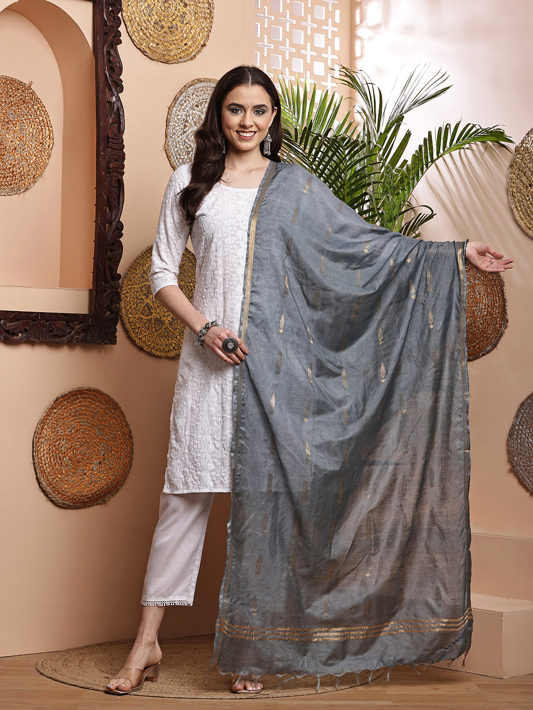 Dupatta- Cotton Viscose -Gray Gold Zari-Tree