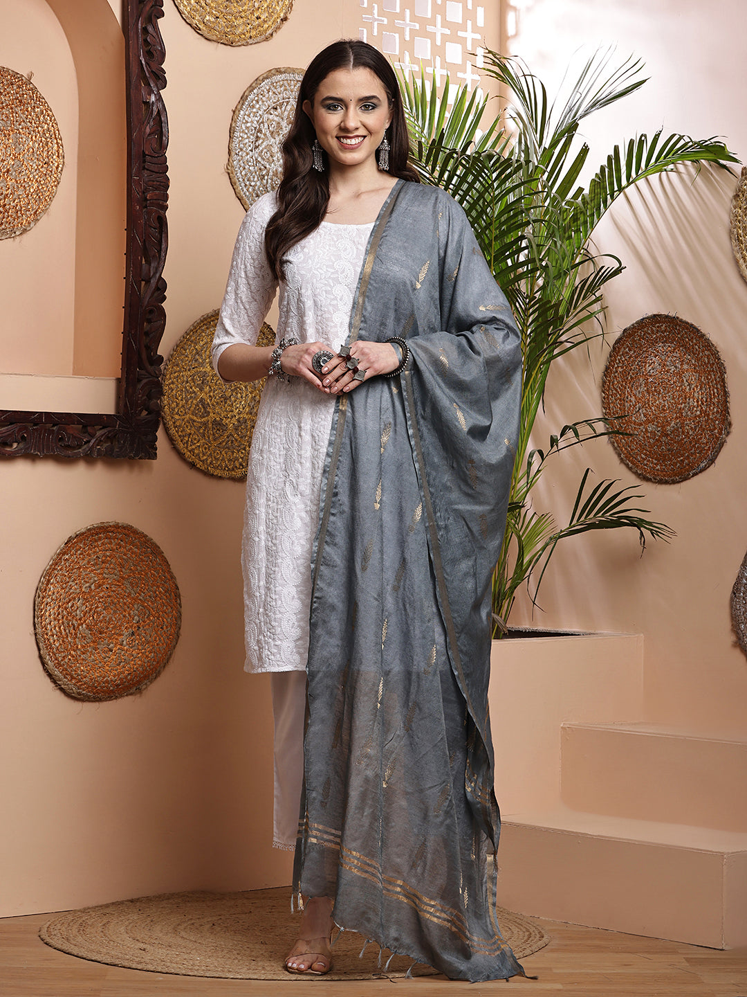 Dupatta- Cotton Viscose -Gray Gold Zari-Tree