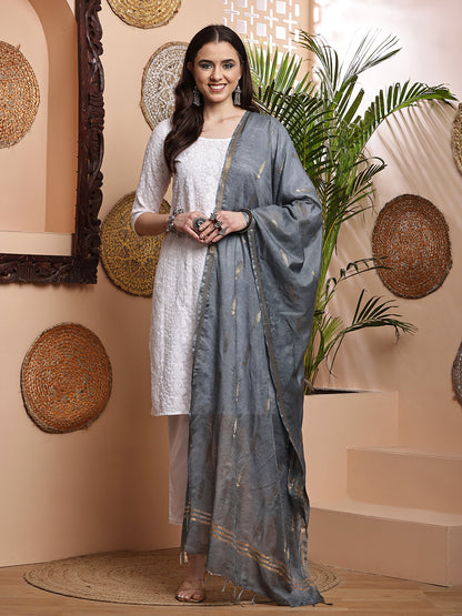 Dupatta- Cotton Viscose -Gray Gold Zari-Tree