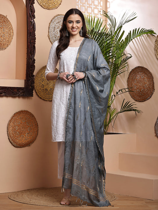 Dupatta- Cotton Viscose -Gray Gold Zari-Tree