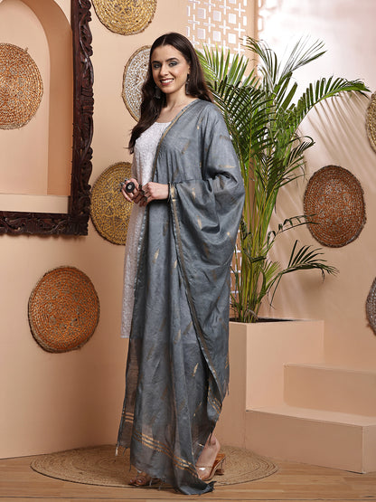 Dupatta- Cotton Viscose -Gray Gold Zari-Tree