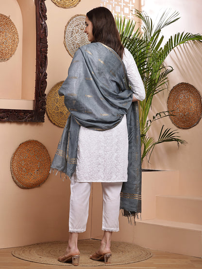 Dupatta- Cotton Viscose -Gray Gold Zari-Tree