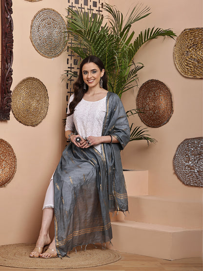 Dupatta- Cotton Viscose -Gray Gold Zari-Tree