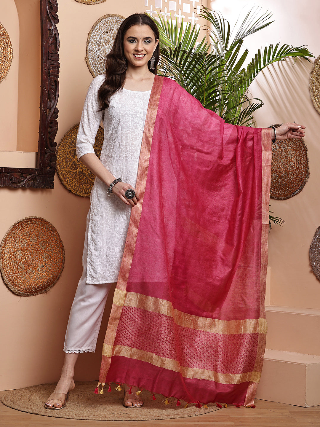 Dupatta-Cotton Silk - Jaal Rani Pink Pallu