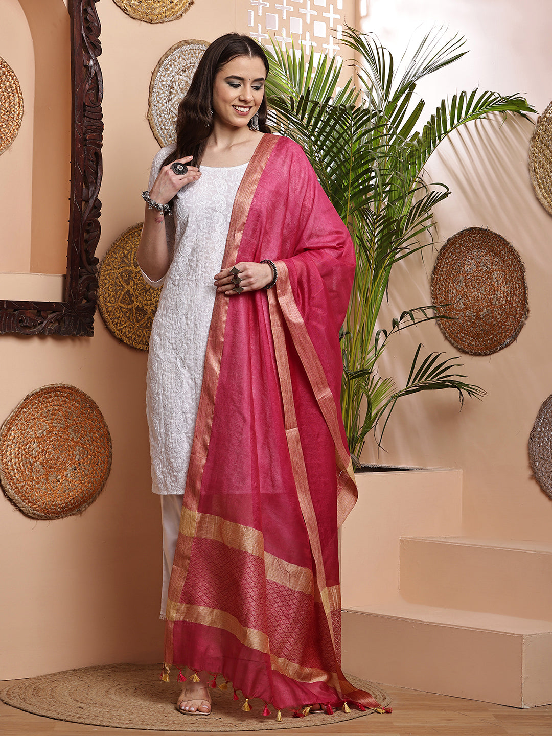 Dupatta-Cotton Silk - Jaal Rani Pink Pallu