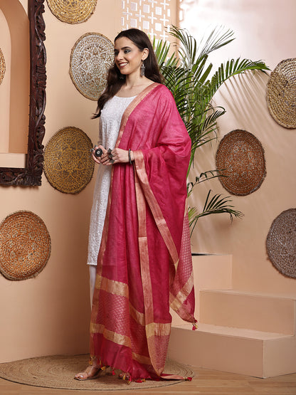 Dupatta-Cotton Silk - Jaal Rani Pink Pallu