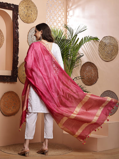 Dupatta-Cotton Silk - Jaal Rani Pink Pallu