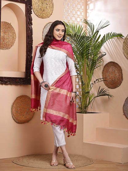 Dupatta-Cotton Silk - Jaal Rani Pink Pallu