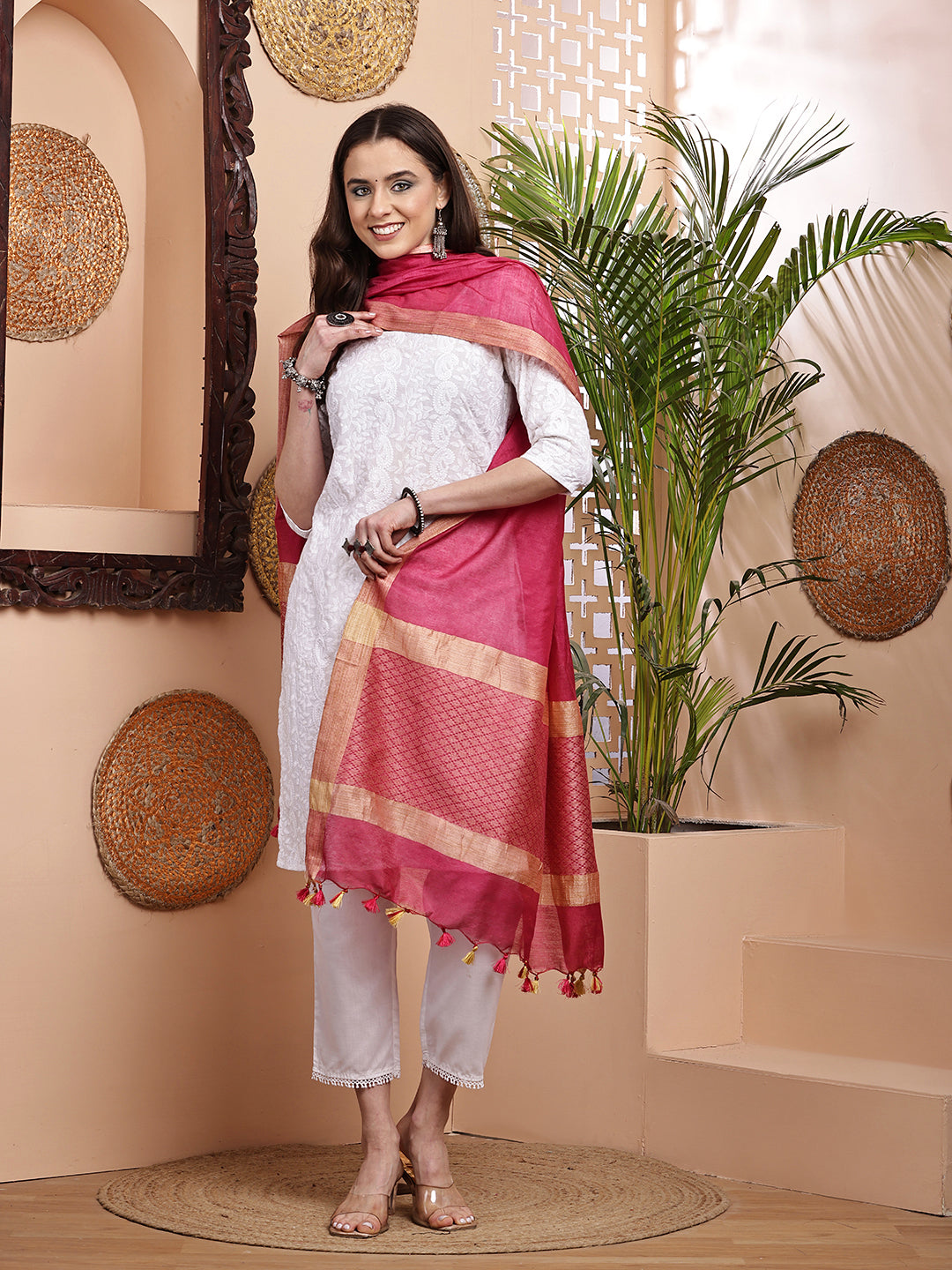 Dupatta-Cotton Silk - Jaal Rani Pink Pallu