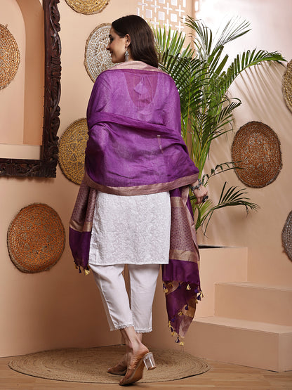 Dupatta-Cotton Silk - Jaal Purple Pallu