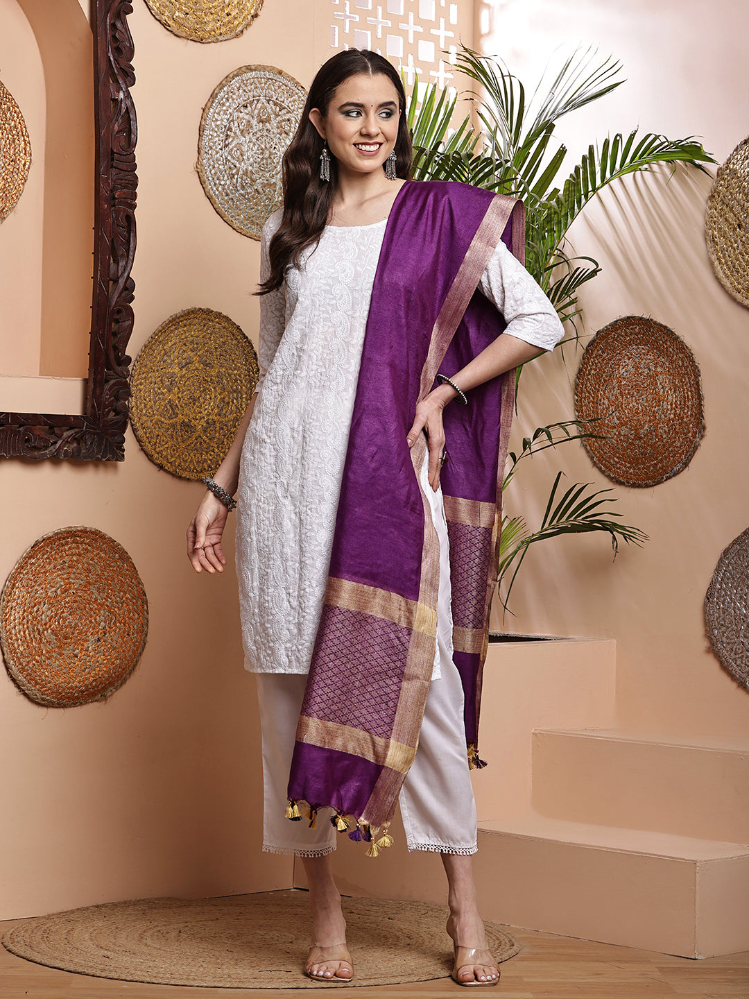 Dupatta-Cotton Silk - Jaal Purple Pallu