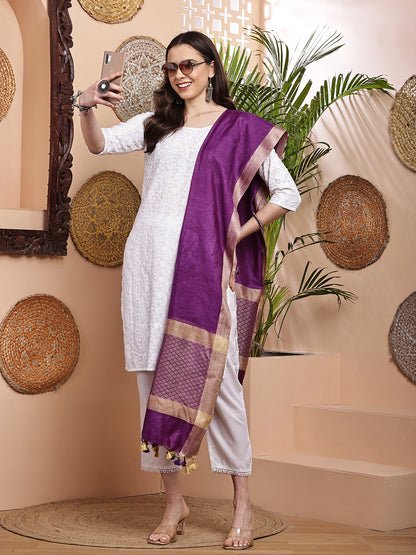 Dupatta-Cotton Silk - Jaal Purple Pallu
