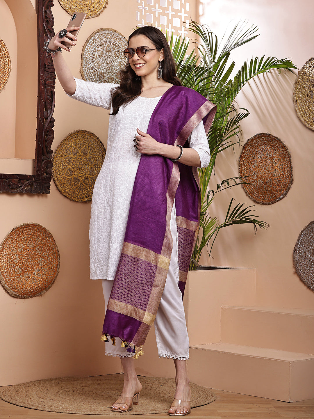 Dupatta-Cotton Silk - Jaal Purple Pallu