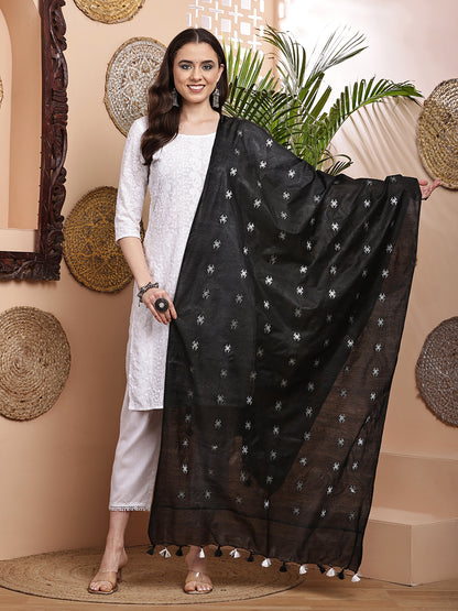 Dupatta-Cotton Silk - Black Floral Buti